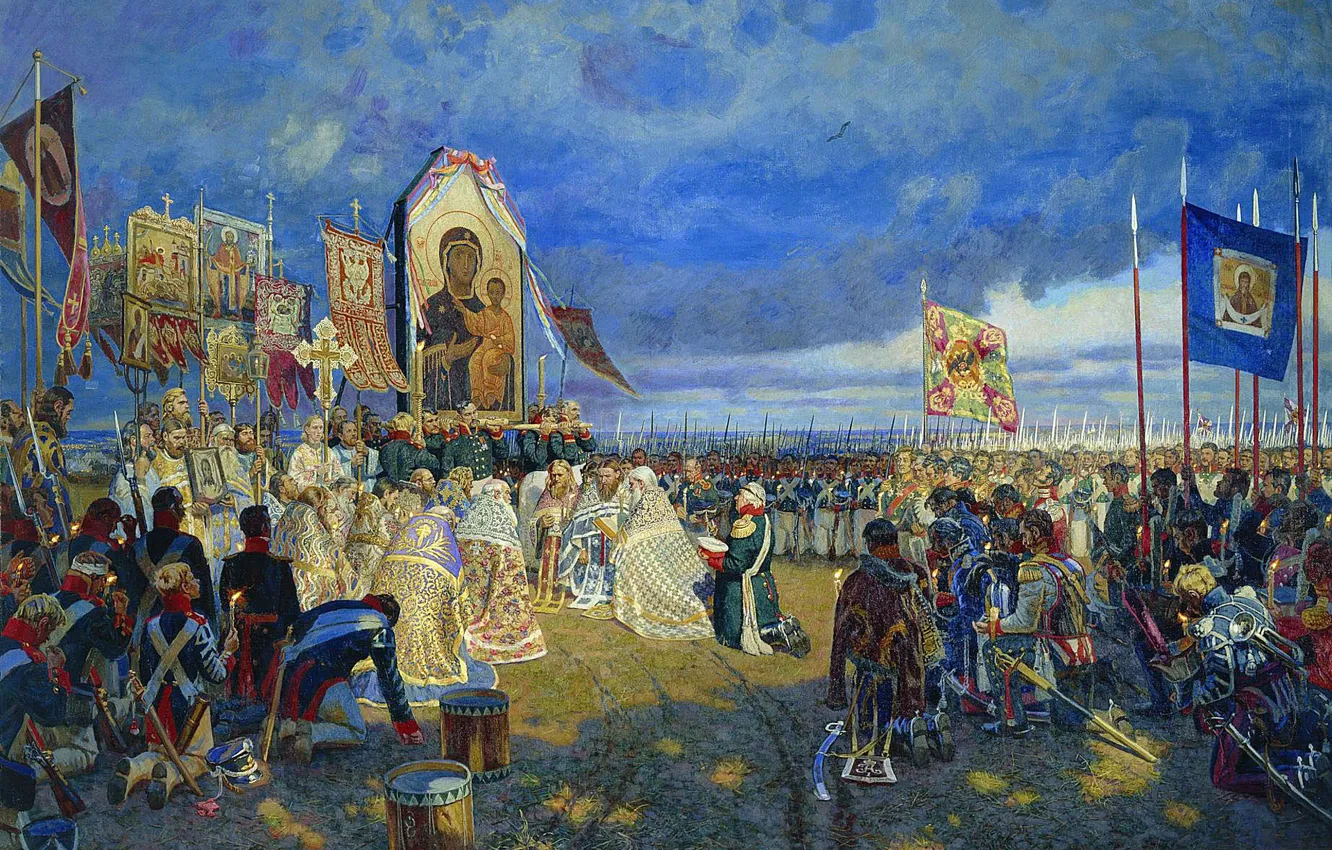 Фото обои Люди, Картина, Молитва, Солдаты, Войско, Михаил Кутузов, Российский художник, Maxim Fayustov