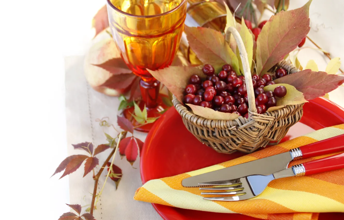 Фото обои листья, ягоды, бокалы, нож, тарелки, вилка, корзинка, рябина
