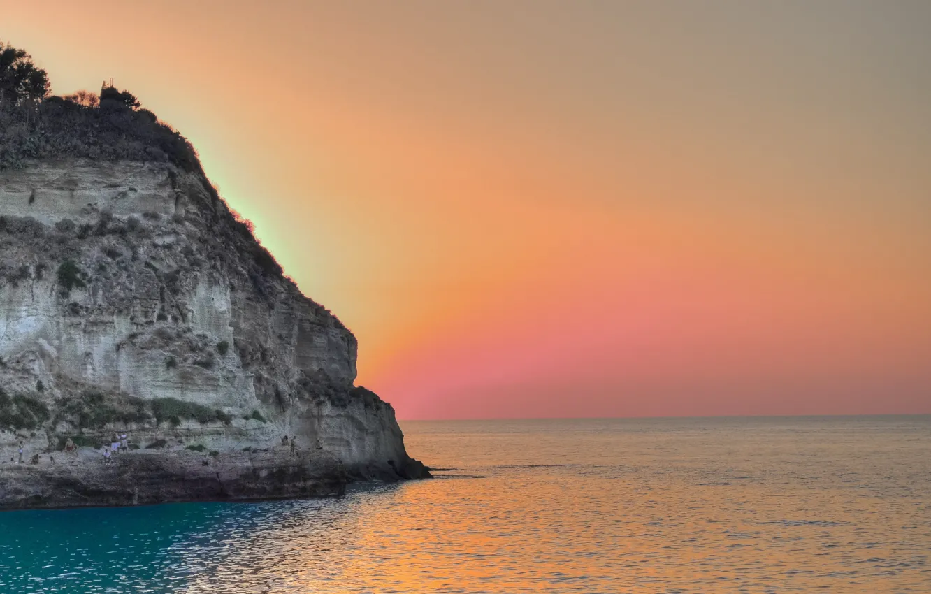 Фото обои sky, sea, landscape, Italy, sunset, Tropea, Calabria, Santa Maria Church on Isola Bella