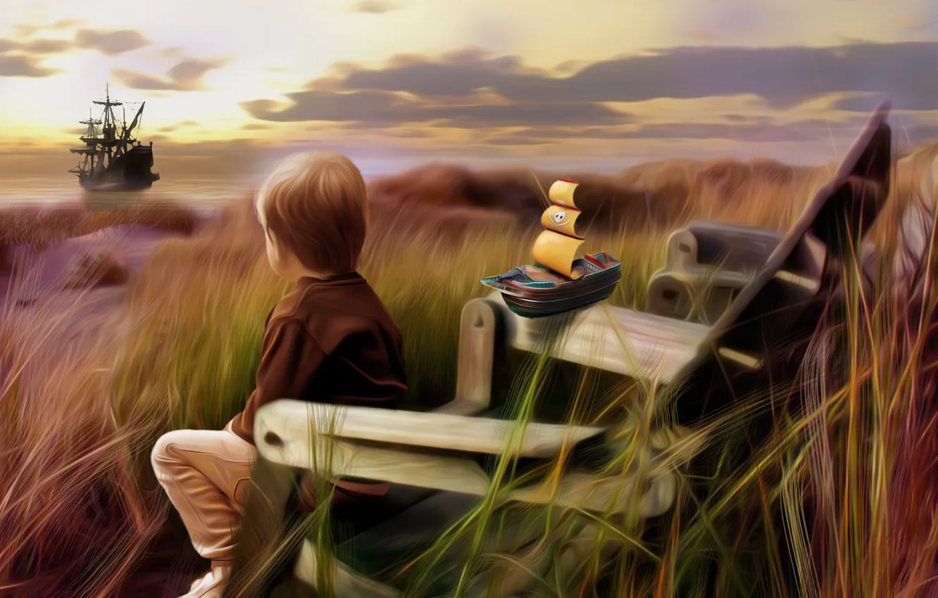 Фото обои море, трава, игрушка, корабль, ребенок, парусник, кресло, мальчик