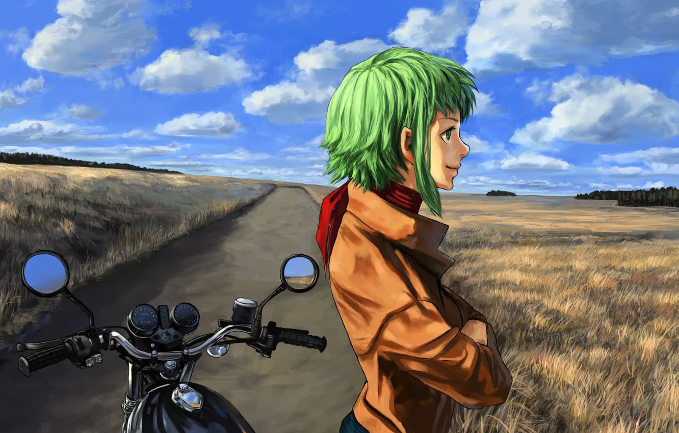 Фото обои поле, девушка, облака, арт, мотоцикл, профиль, vocaloid, gumi