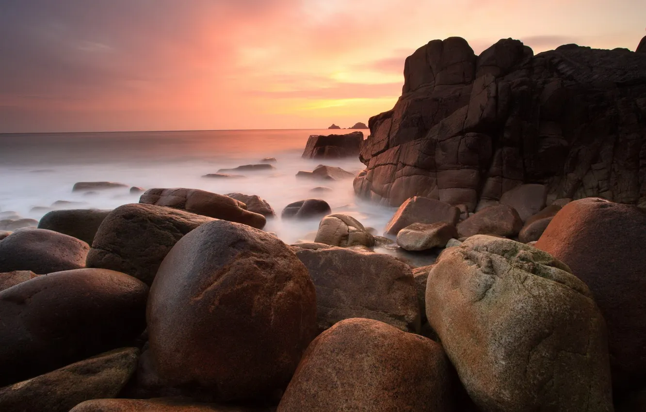 Фото обои море, пейзаж, закат, природа, камни