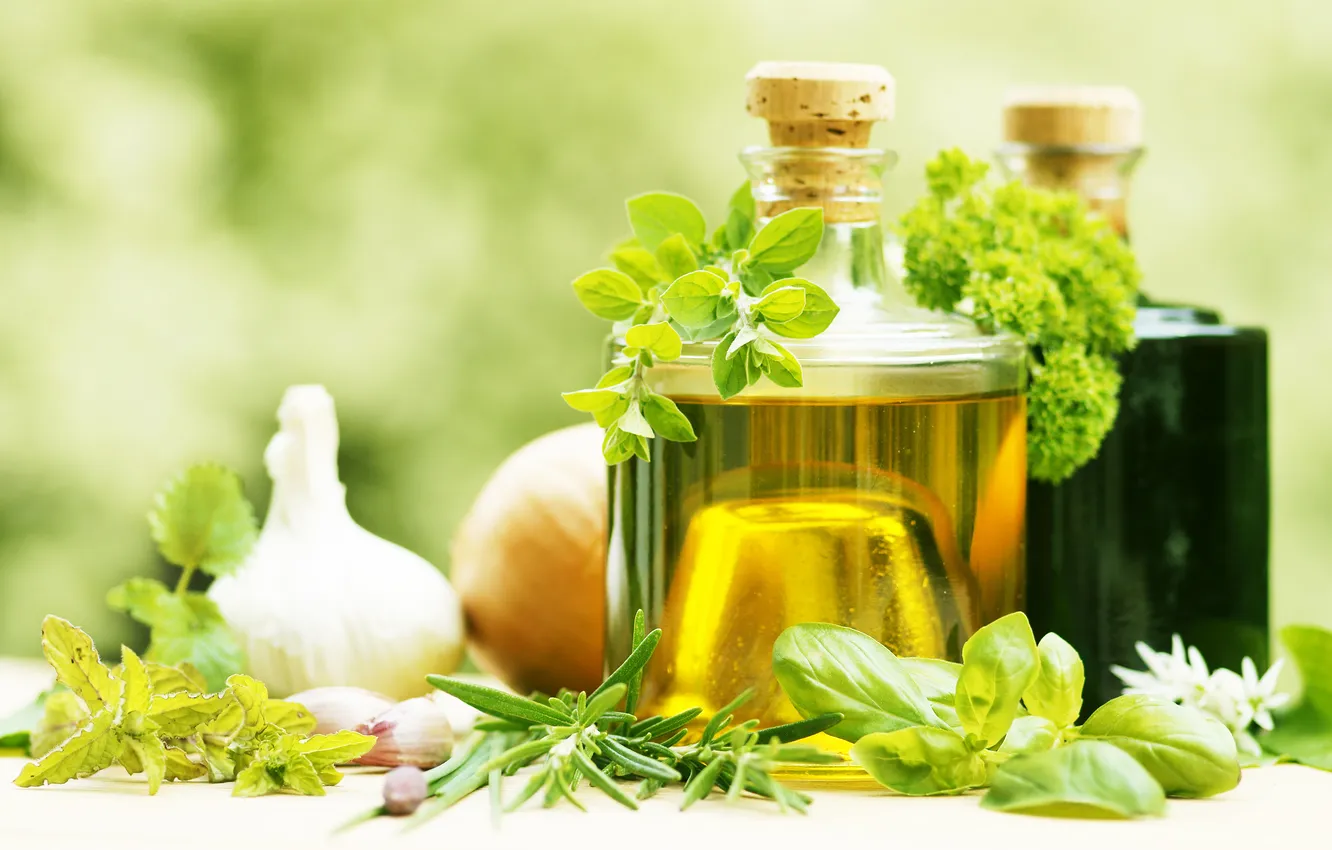 Фото обои зелень, чеснок, оливковое масло, olive oil, garlic, fresh herbs