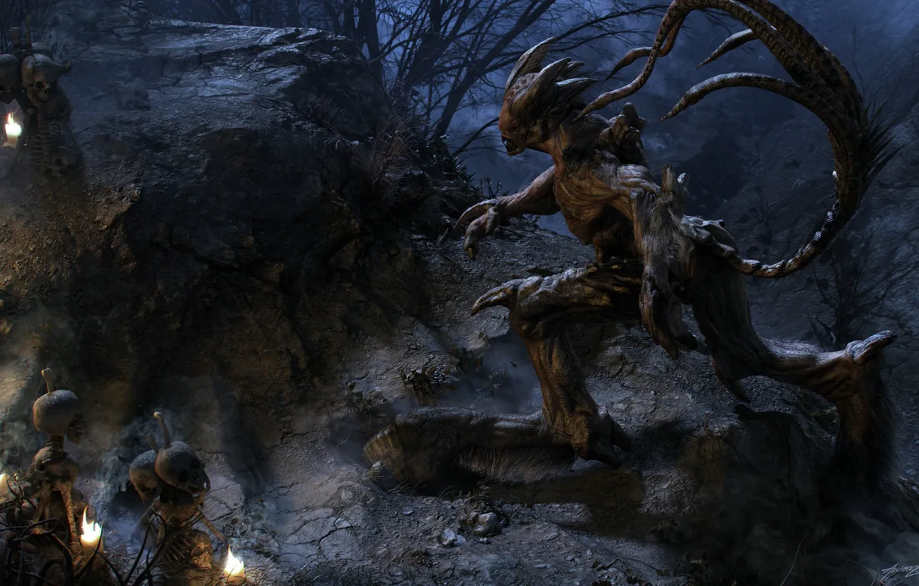 Фото обои ночь, огни, камни, череп, ритуал, fire, ужас, horror