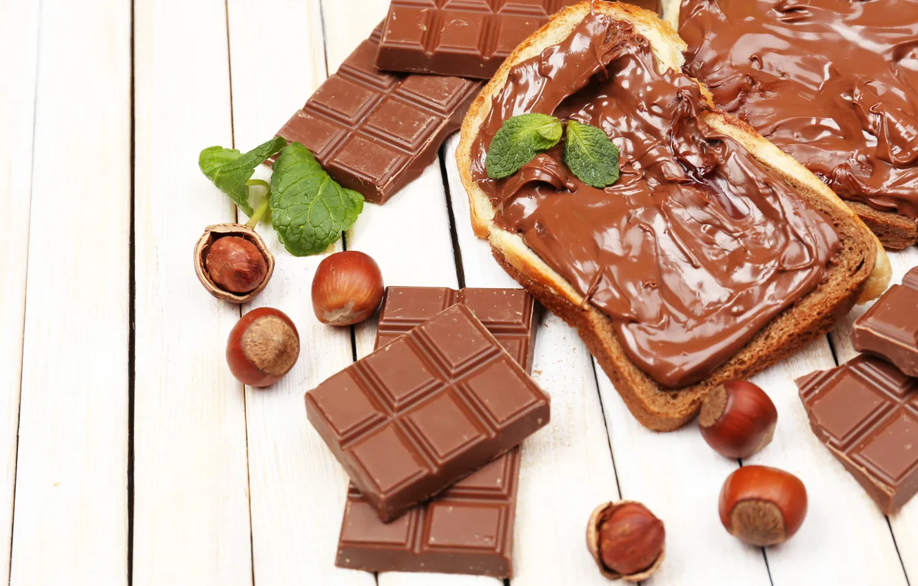 Фото обои шоколад, хлеб, орехи, крем, chocolate, nuts, шоколадная паста, toast