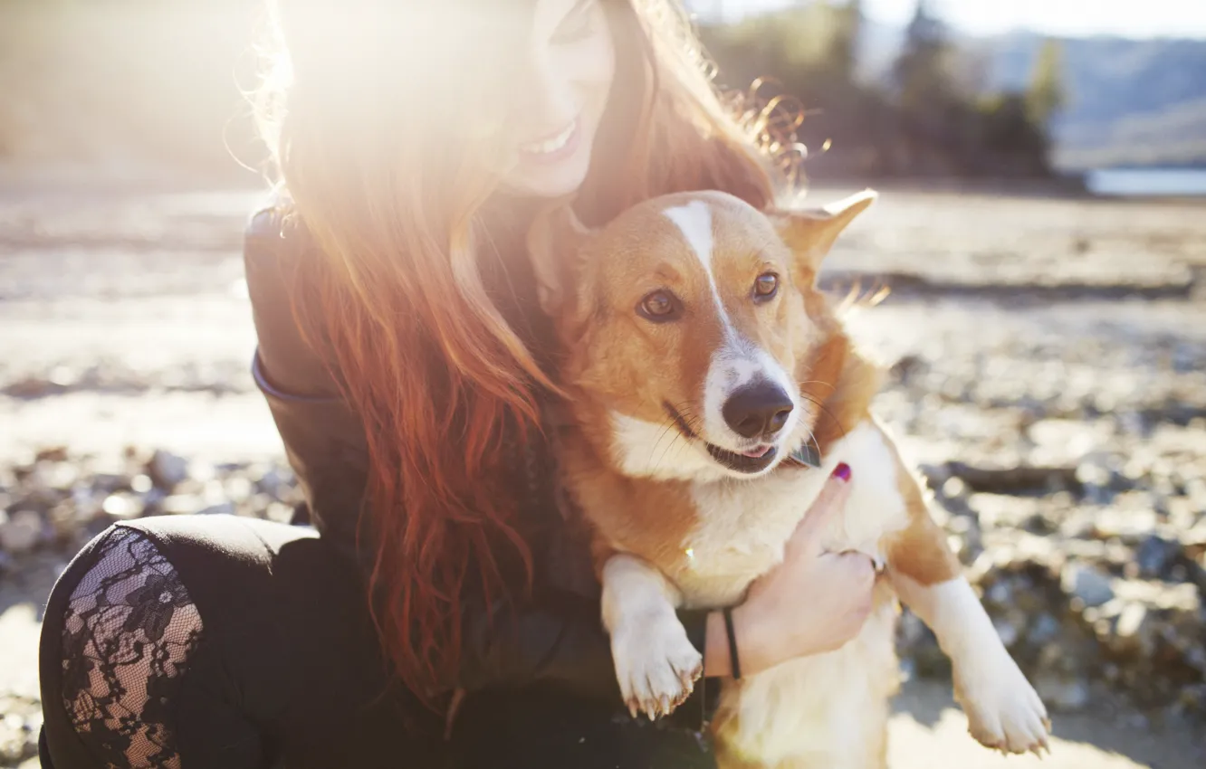 Фото обои девушка, собака, рыжая, улыбается