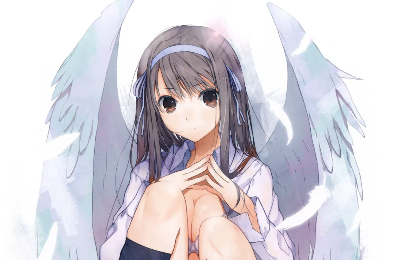 Фото обои перья, колени, angel, ободок, большие глаза, чёлка, белые крылья, haruaki fuyuno