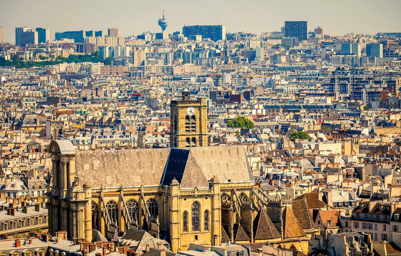 Фото обои Франция, Париж, дома, солнечно, мегаполис, вид сверху