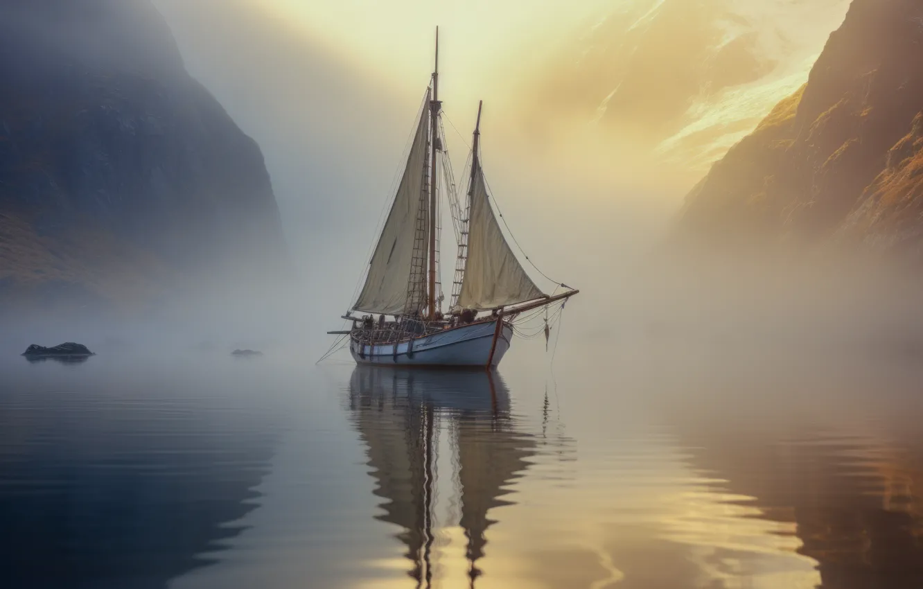 Фото обои море, горы, туман, отражение, фотошоп, парусник, Гренландия