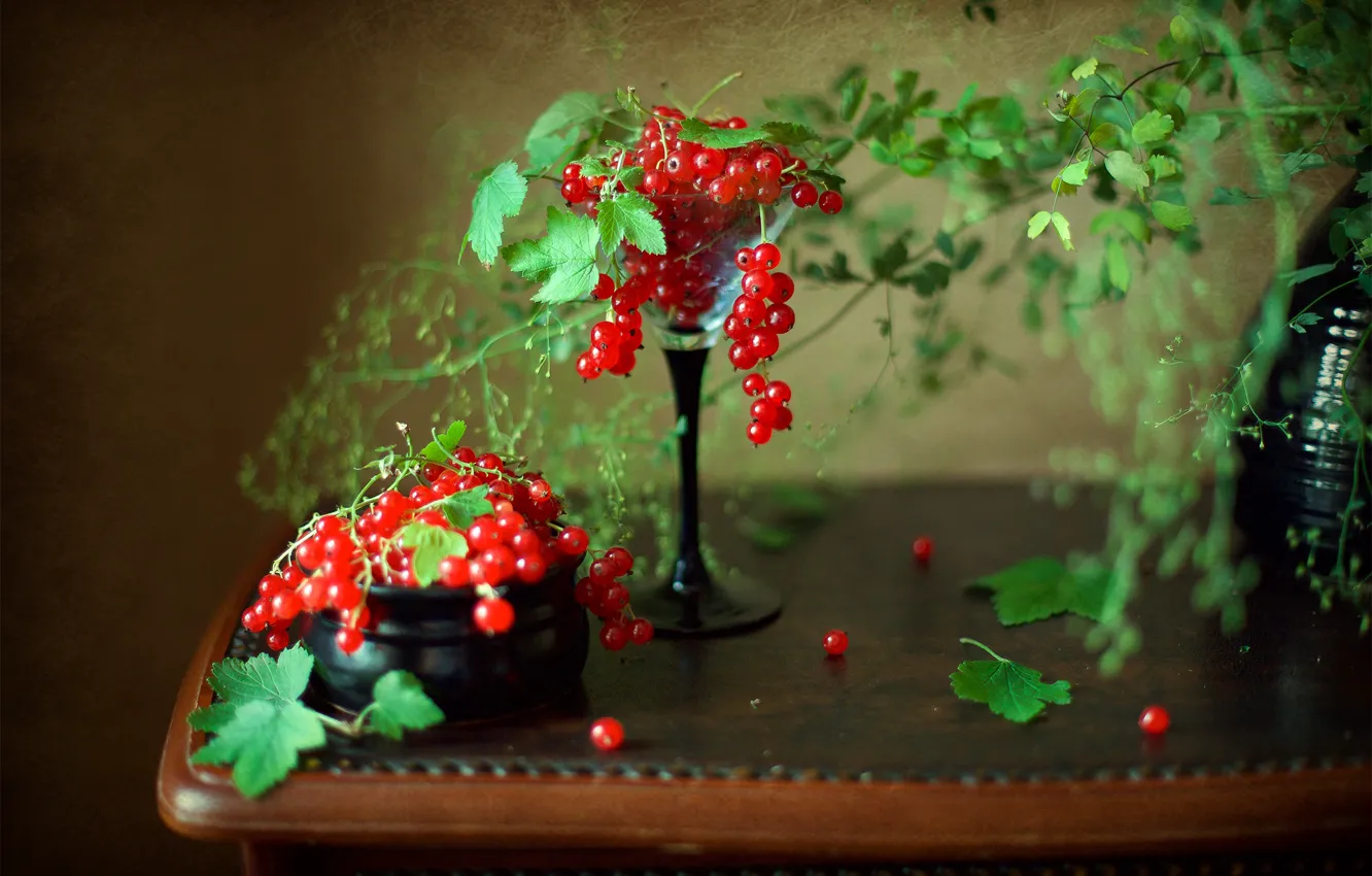 Фото обои листья, ягоды, бокал, столик, смородина, гроздья, Мила Миронова
