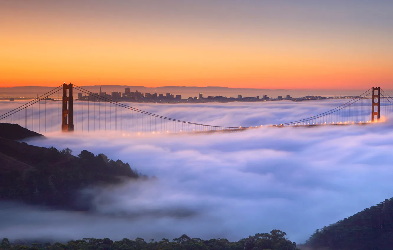 Фото обои мост, туман, Калифорния, опора, Сан-Франциско, Золотые Ворота, США