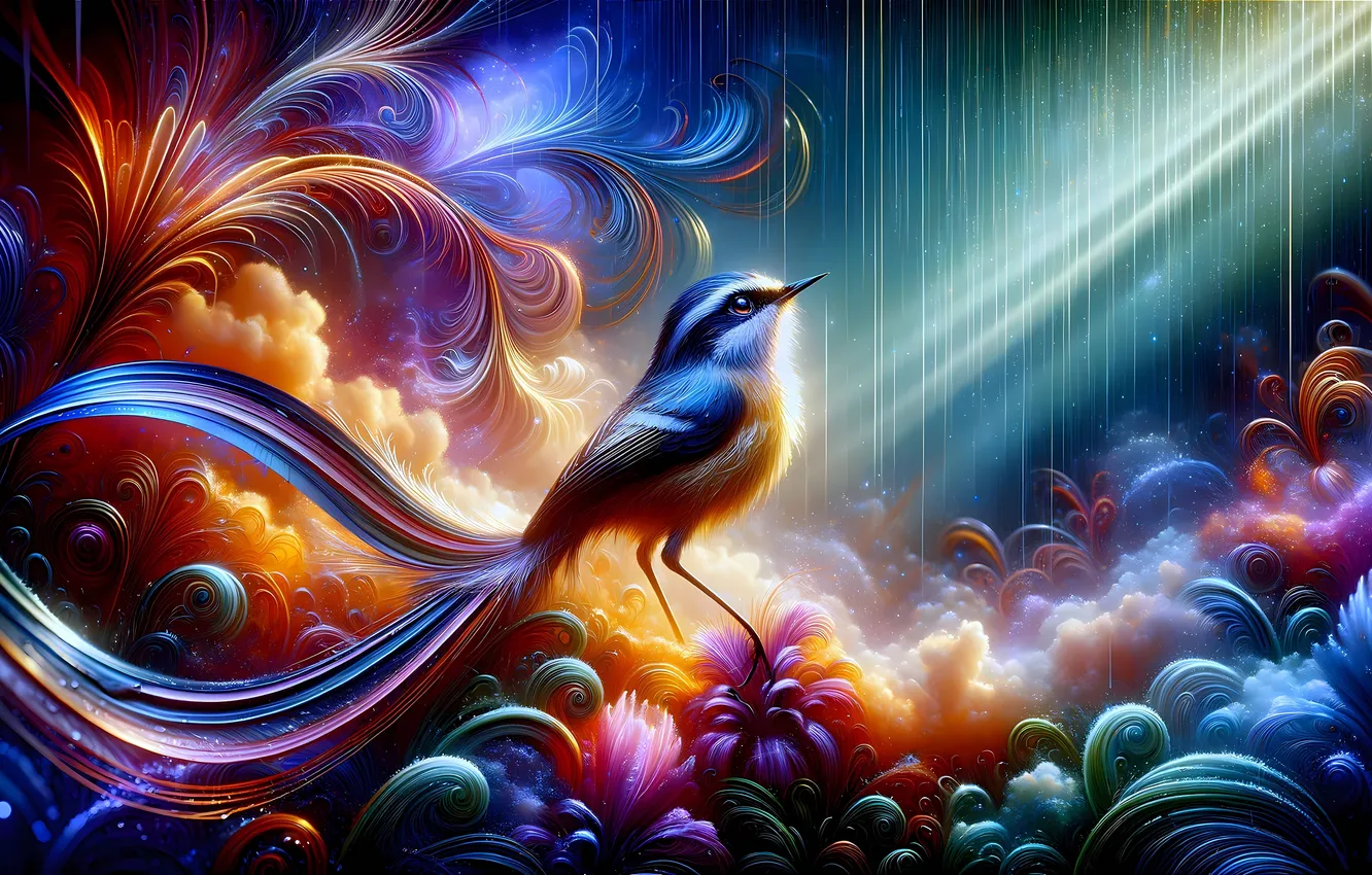 Фото обои лучи, птица, завитки