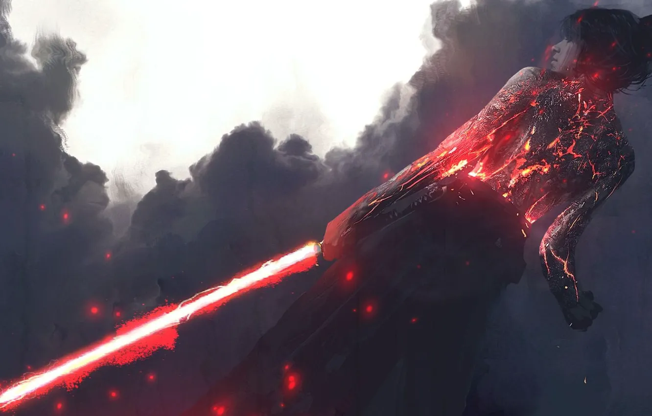 Фото обои девушка, огонь, дым, звездные войны, star wars, ситх, лазерный меч, concept art