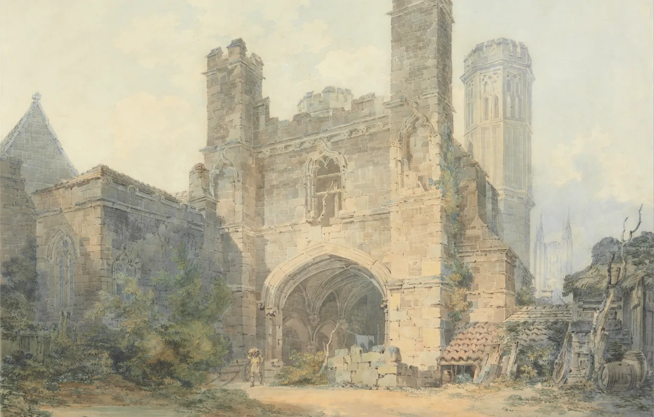 Фото обои пейзаж, башня, картина, ворота, акварель, Уильям Тёрнер, Saint Augustine's Gate, Canterbury