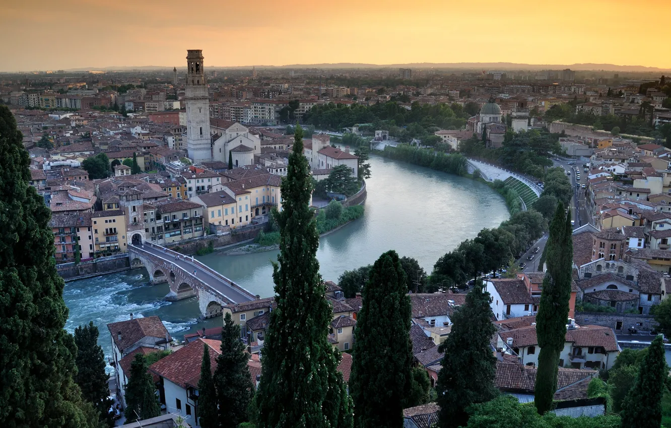 Фото обои река, Италия, панорама, Верона
