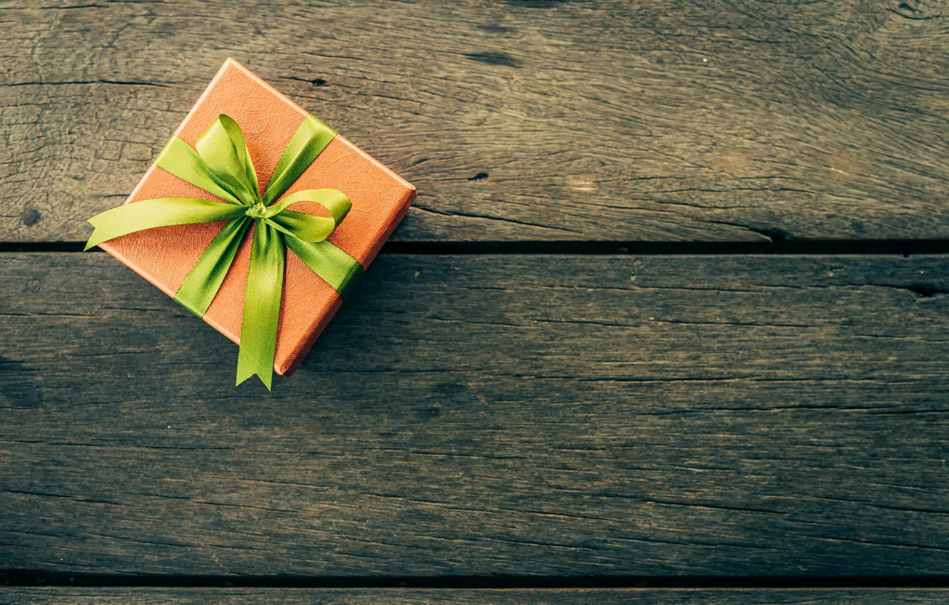 Фото обои подарок, лента, зеленая, wood, ribbon, gift box, корбка