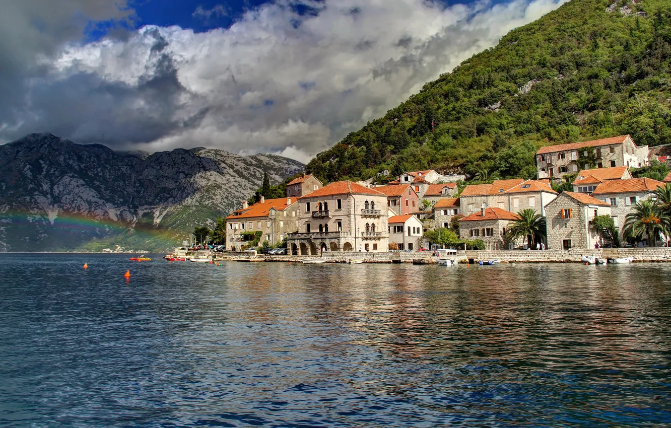 Фото обои вода, горы, город, фото, побережье, Черногория, Perast