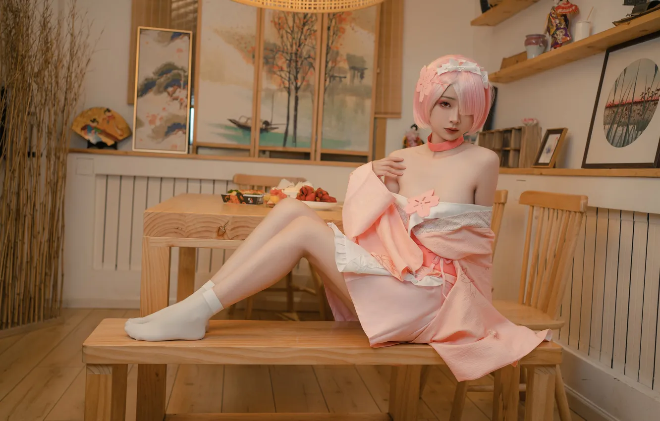 Фото обои ножки, азиатка, милашка, косплей, cosplay, asian, розовые волосы, белые носки