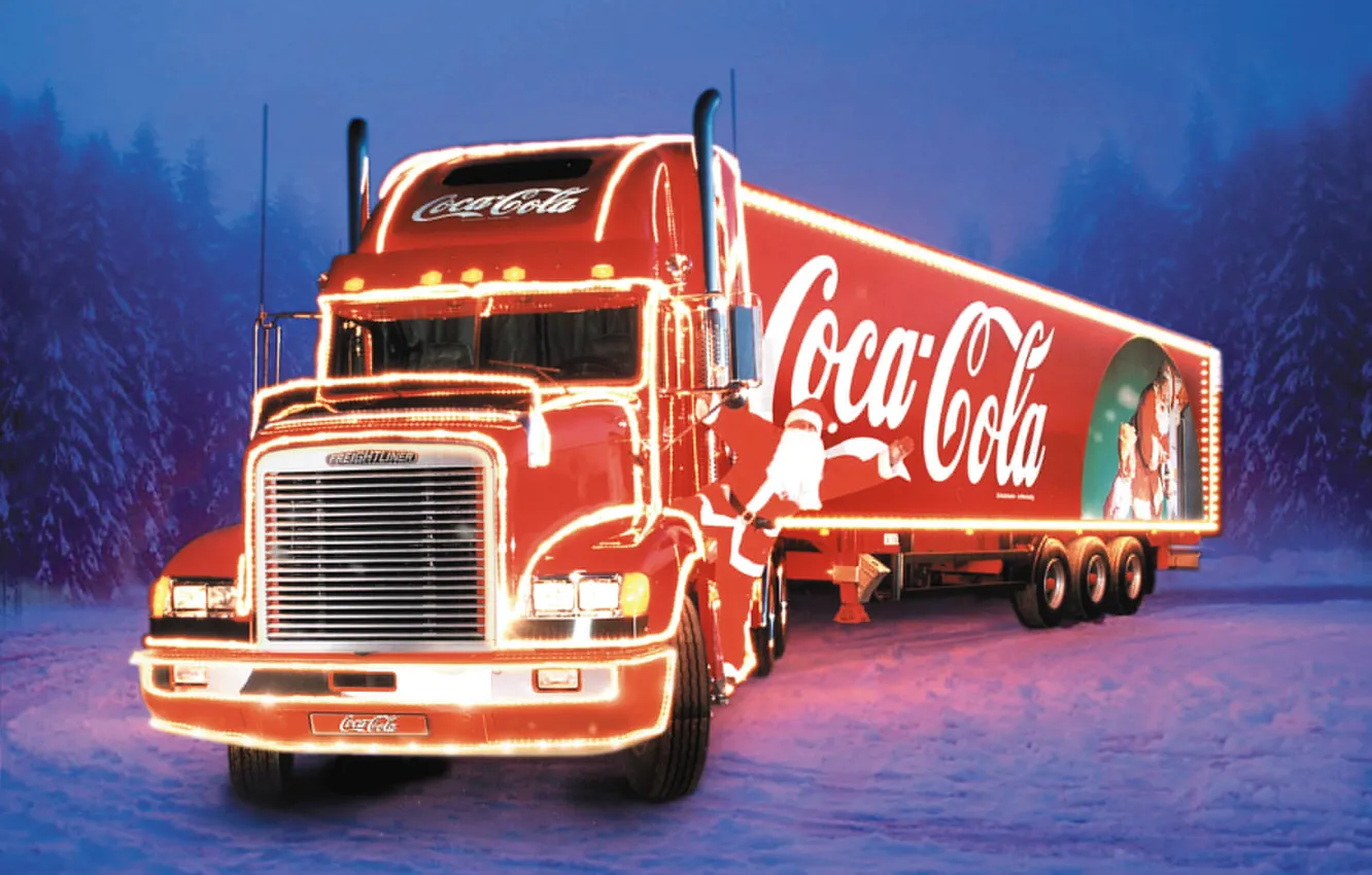 Фото обои новый год, грузовик, coca cola, тягач, Freightliner, фура