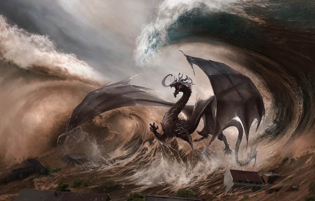 Фото обои Город, Дракон, Волна, Fantasy, Dragon, Art, Фантастика, Illustration