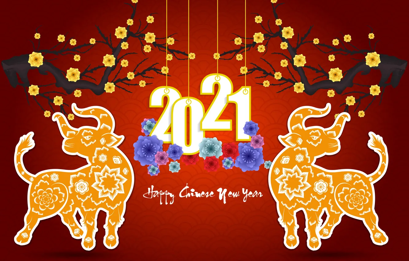 Фото обои цветы, ветки, надпись, узор, две, новый год, стилизация, цифры