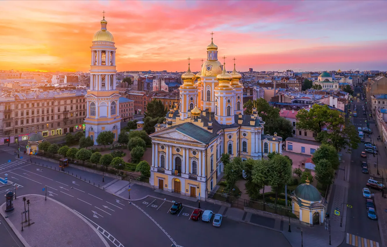 Фото обои город, рассвет, здания, дороги, башня, дома, утро, Питер