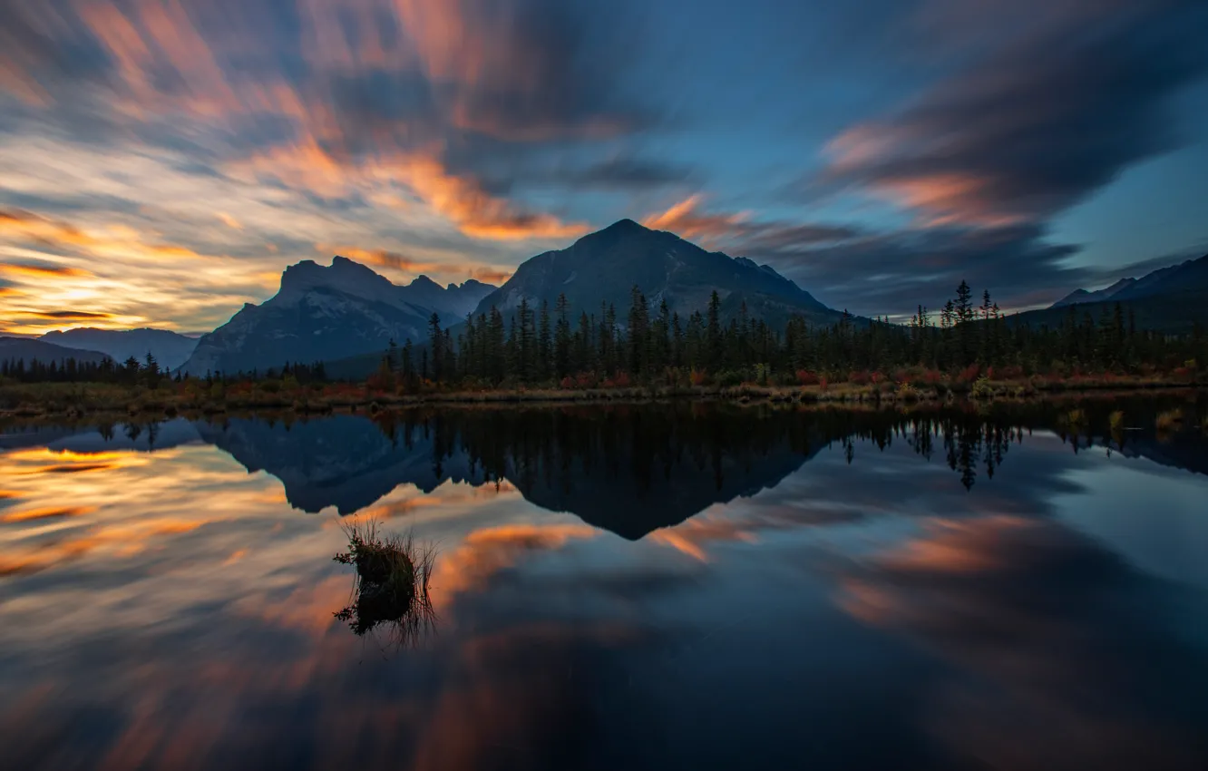 Фото обои закат, горы, озеро, отражение, вечер, Канада, Альберта, Banff National Park