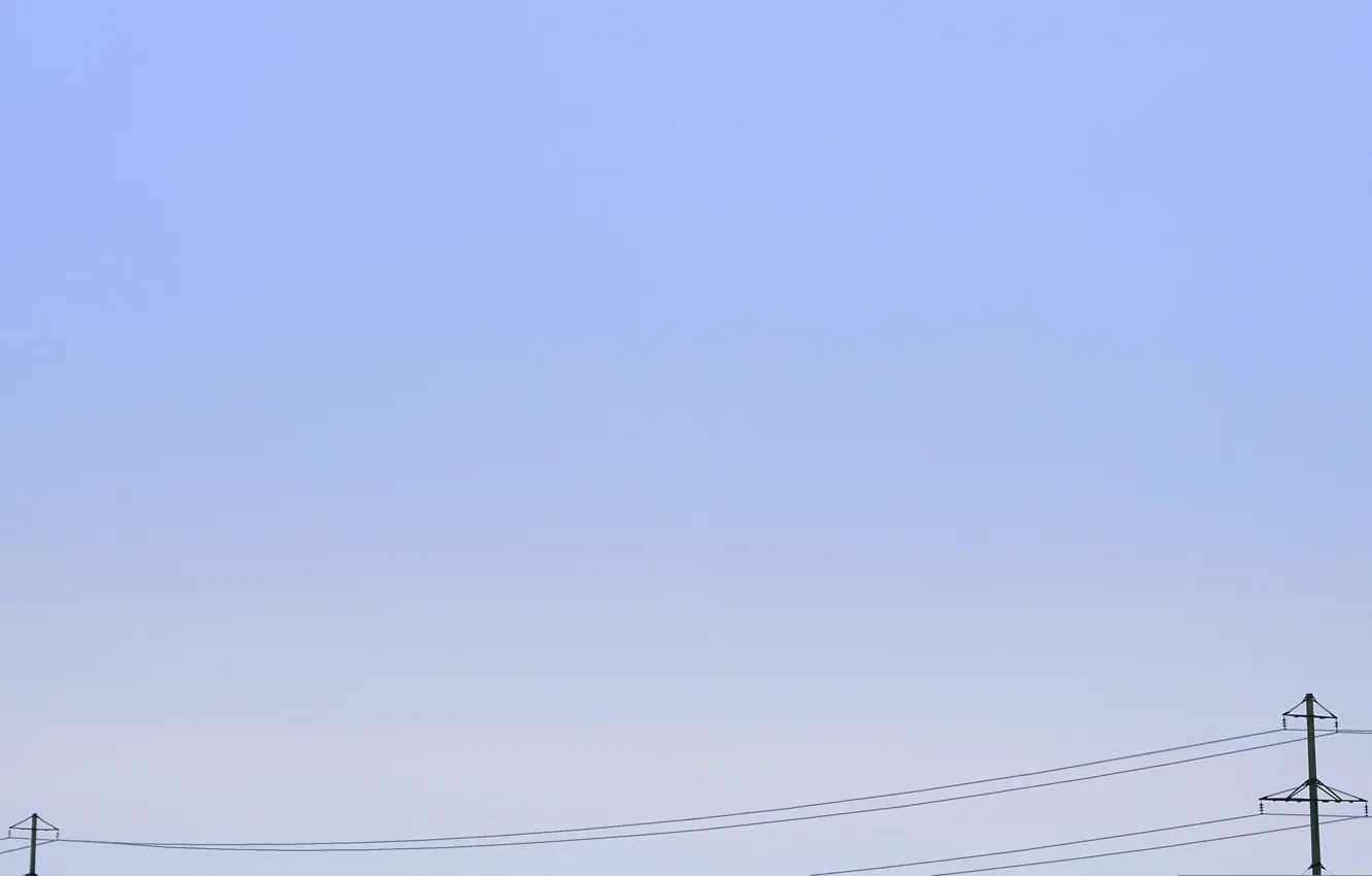 Фото обои провода, вечер, голубое небо, линии электропередач, Высоковольтные столбы