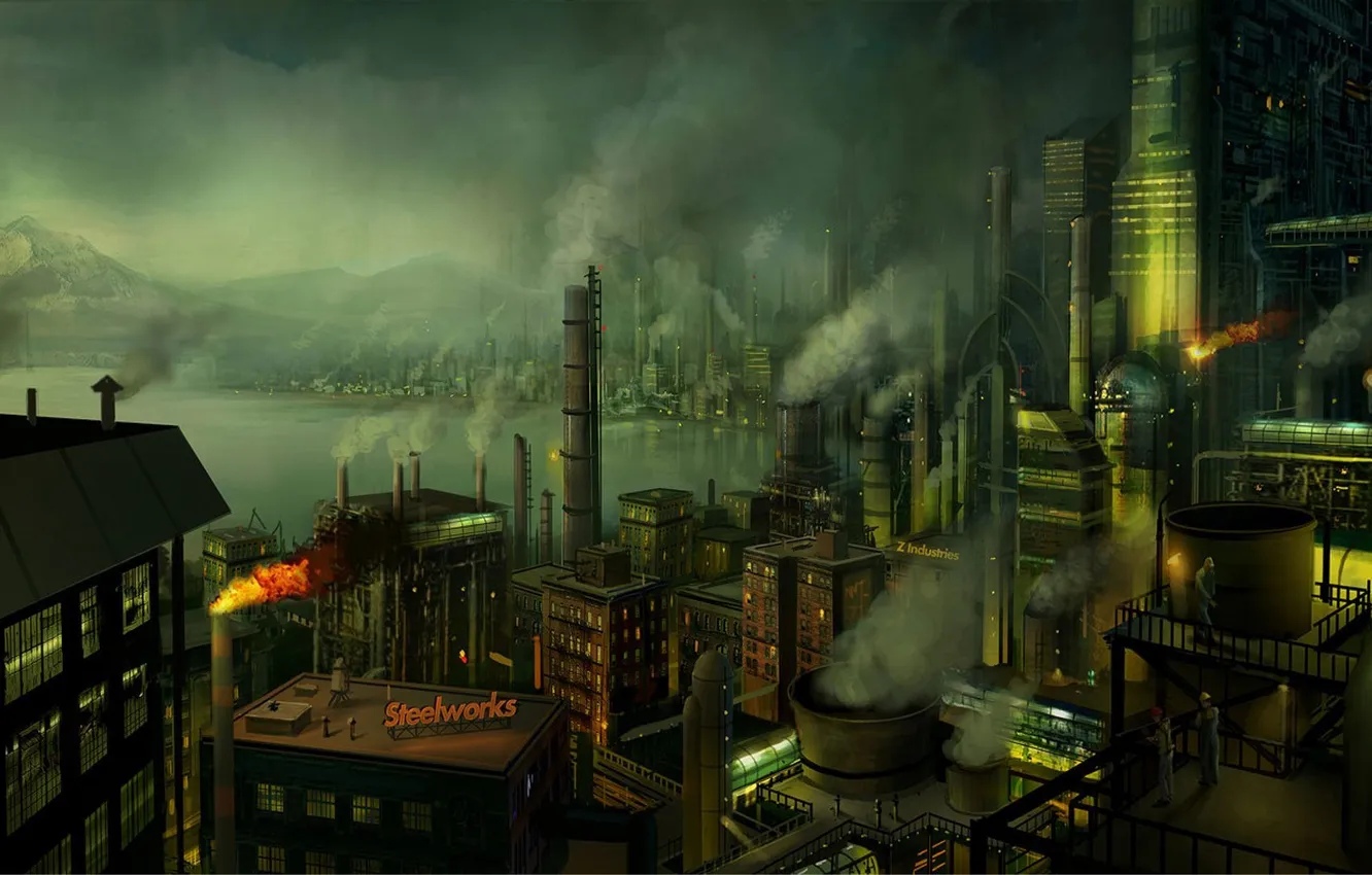 Фото обои трубы, город, дым, рабочие, гавань, Завод, фабрика