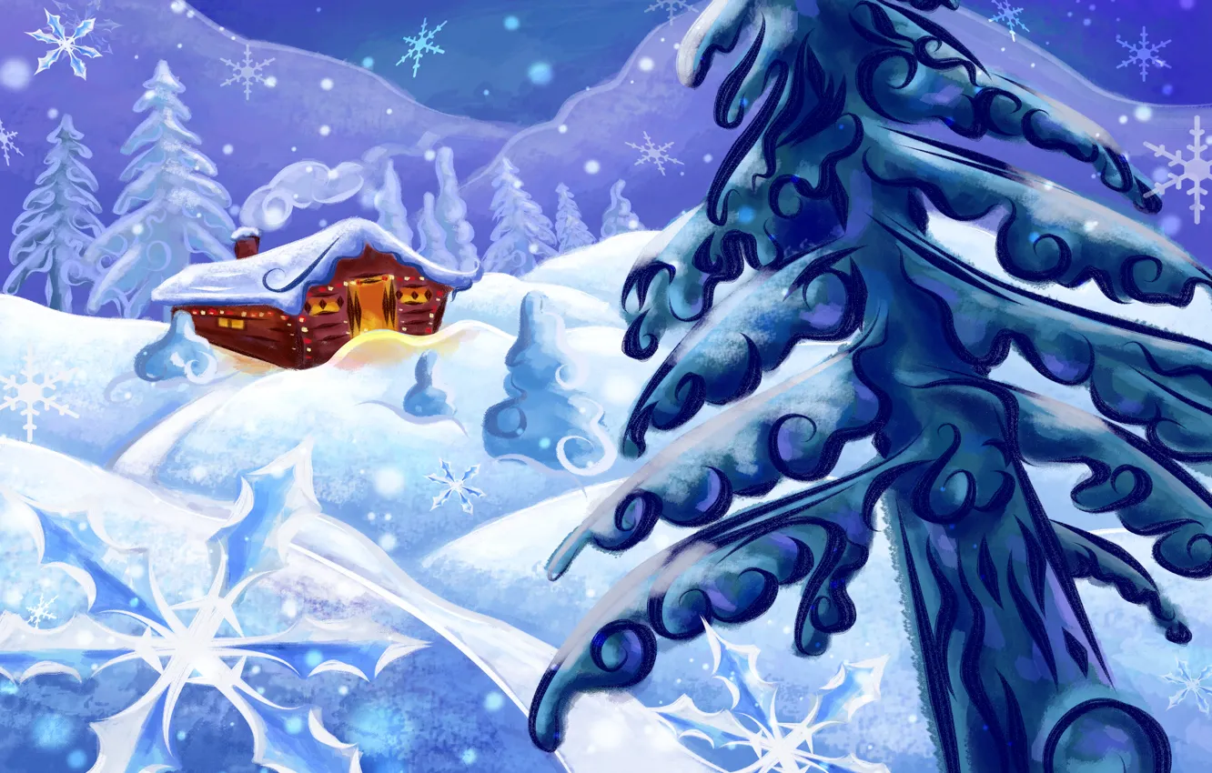 Фото обои зима, снег, дом, рисунок, Елка