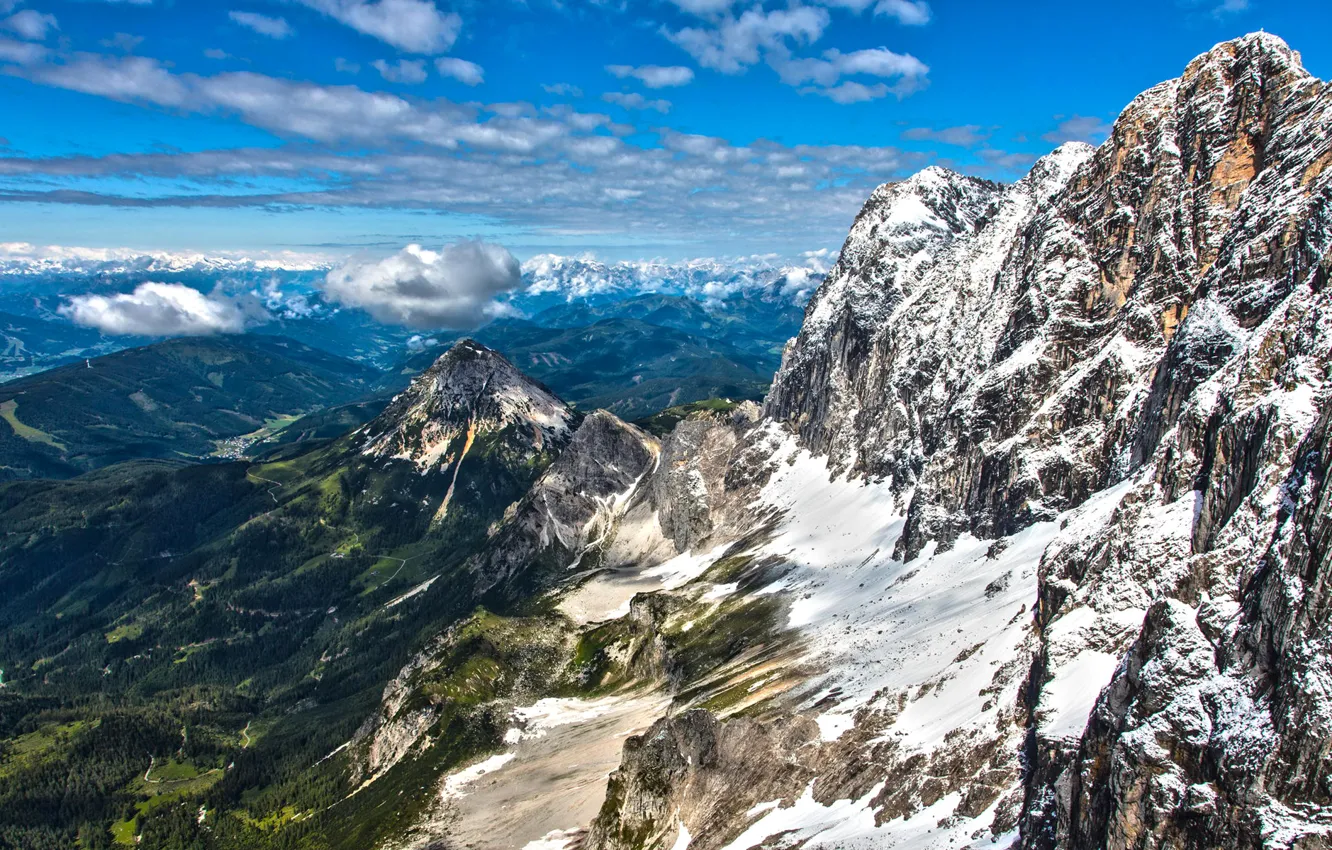 Фото обои небо, облака, снег, горы, Австрия, Альпы, вершина