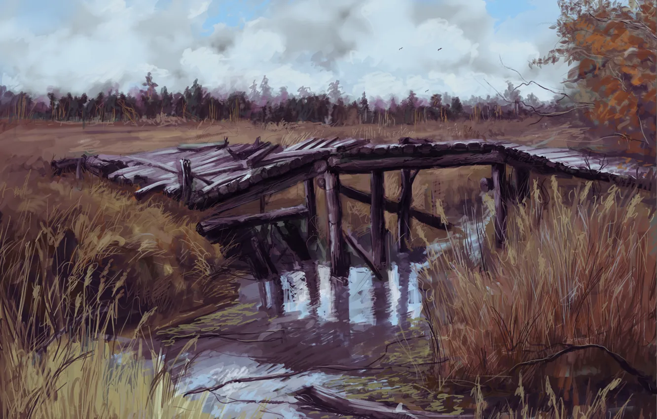 Фото обои осень, мост, чернобыль, речка, припять, зона, Сталкер 2