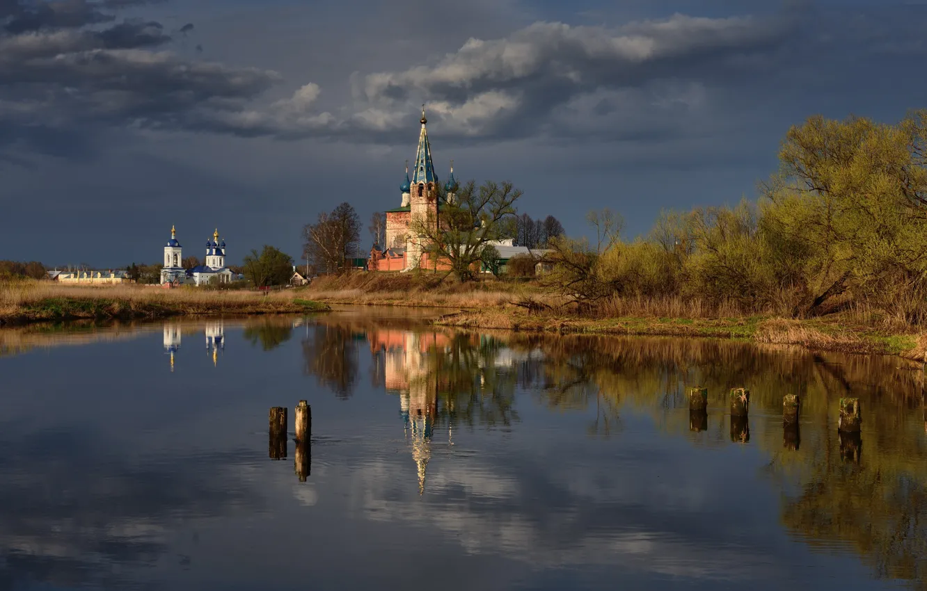 Фото обои осень, деревья, берег, весна, церковь, храм, Россия, водоем