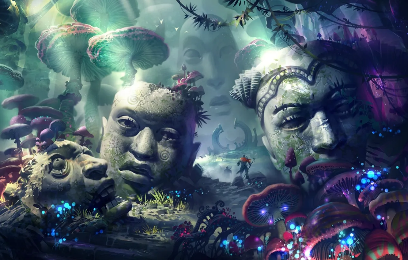 Фото обои warrior, fantasy art, head, psychedelic, statue, sculpture