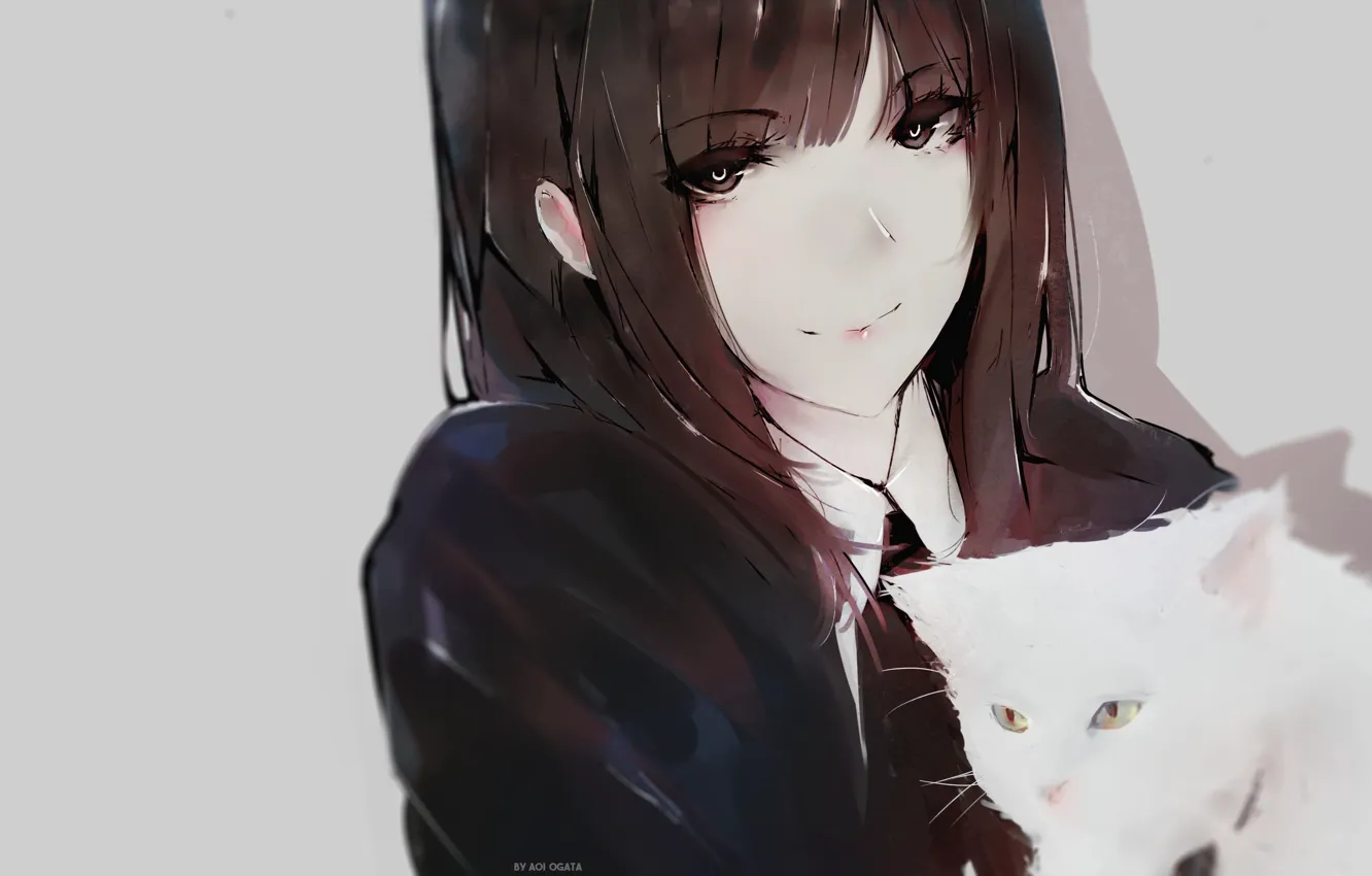 Фото обои лицо, школьница, серый фон, длинные волосы, art, челка, белый котенок, Aoi Ogata