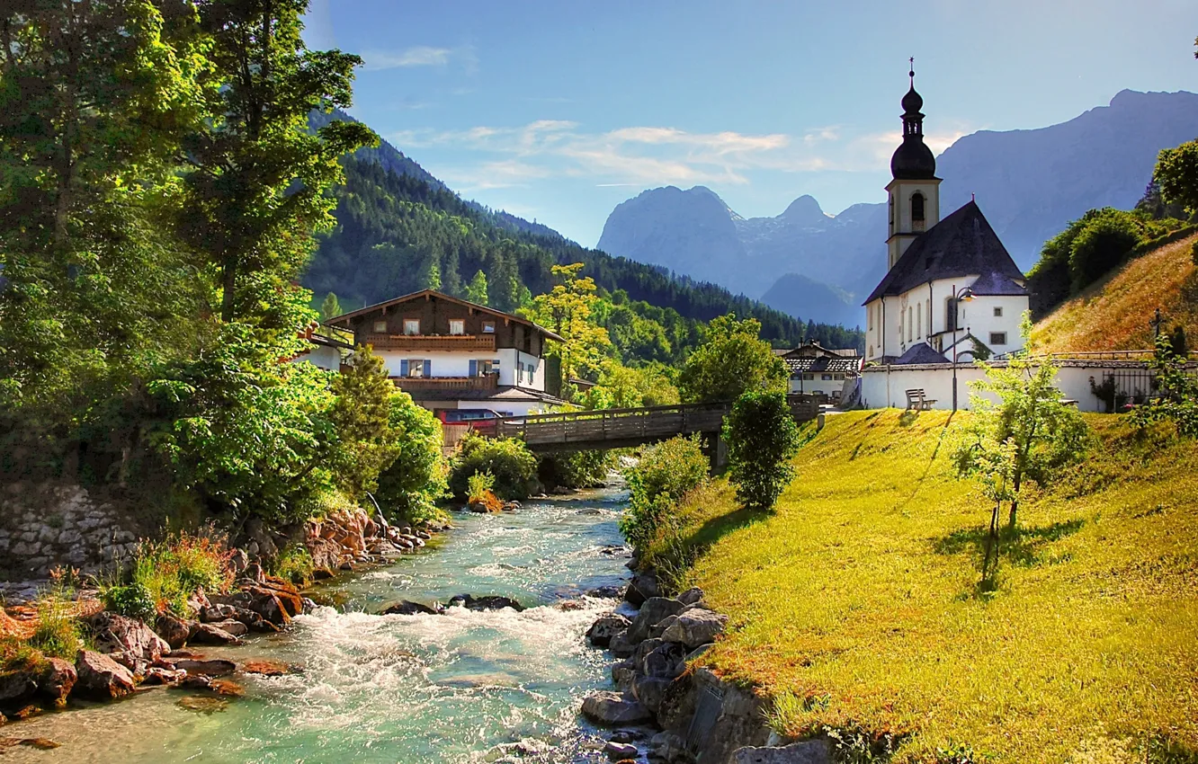 Фото обои пейзаж, горы, мост, река, дома, Германия, Бавария, Альпы