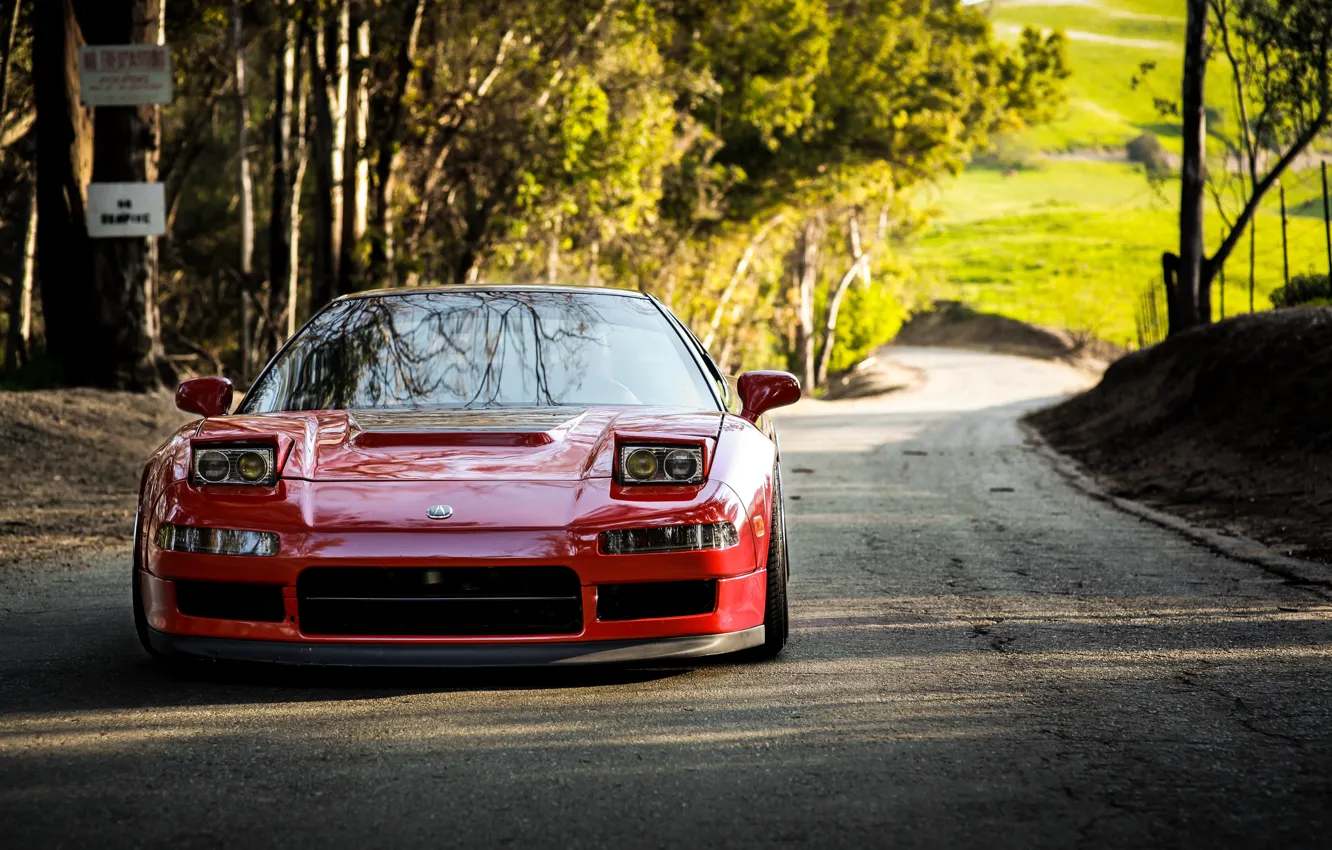 Фото обои Red, Honda, Front, Road, Acura, NSX, Forest, Trees