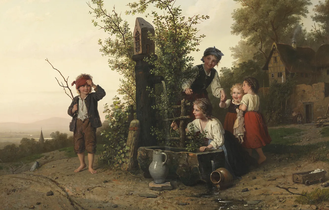 Фото обои 1868, German painter, немецкий живописец, Das Blindekuhspiel, Иоганн Георг Мейер фон Бремен, Жмурки, Johann Georg …