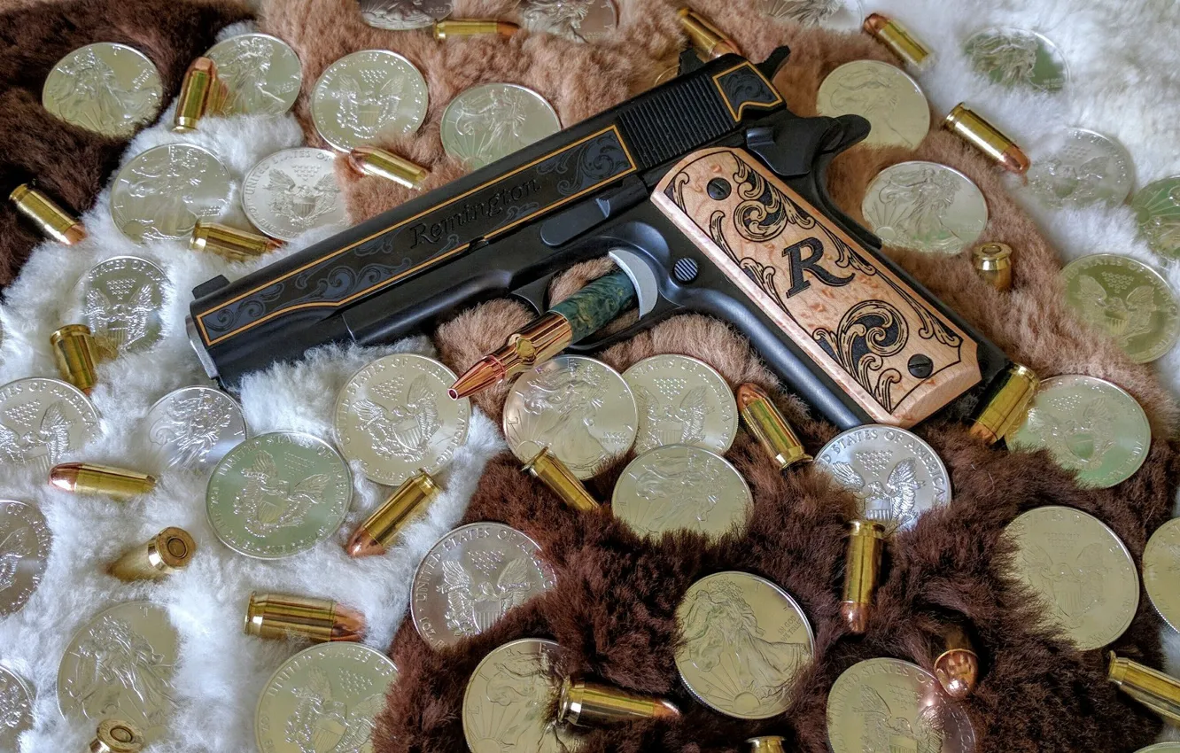 Фото обои пистолет, оружие, доллар, gun, патроны, weapon, M1911, 1911