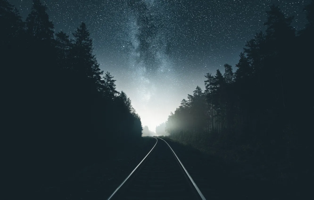 Фото обои дорога, лес, небо, звезды, ночь, железная, млечный путь