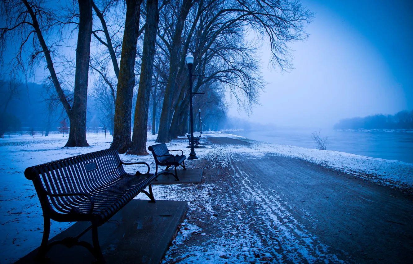 Фото обои зима, парк, скамья