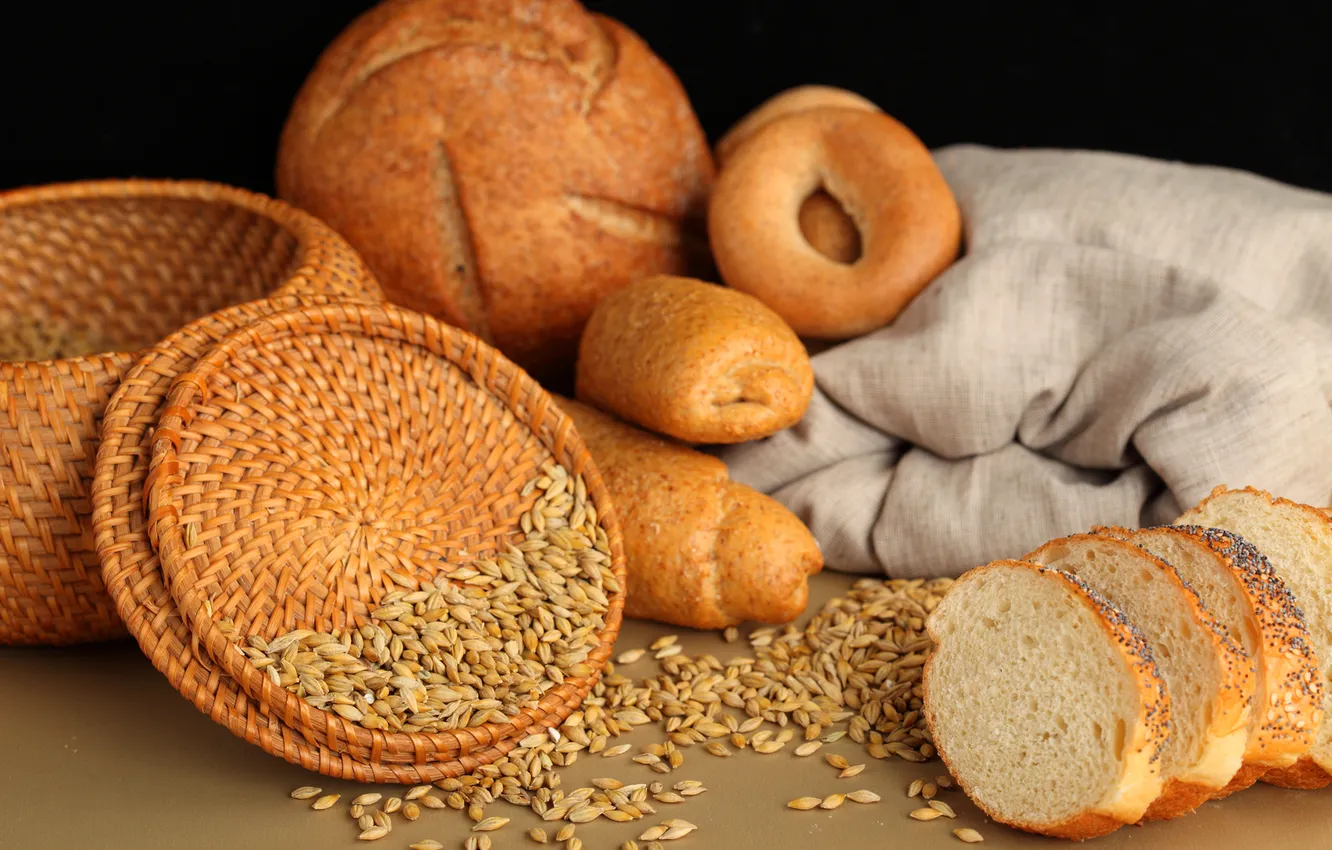 Фото обои корзина, зерно, хлеб, бублики, выпечка, булочки