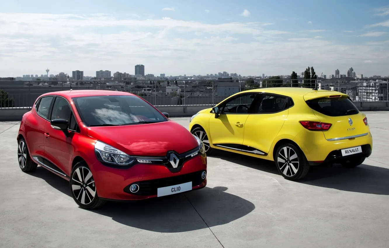 Фото обои небо, желтый, красный, город, панорама, Renault, Clio, Рено