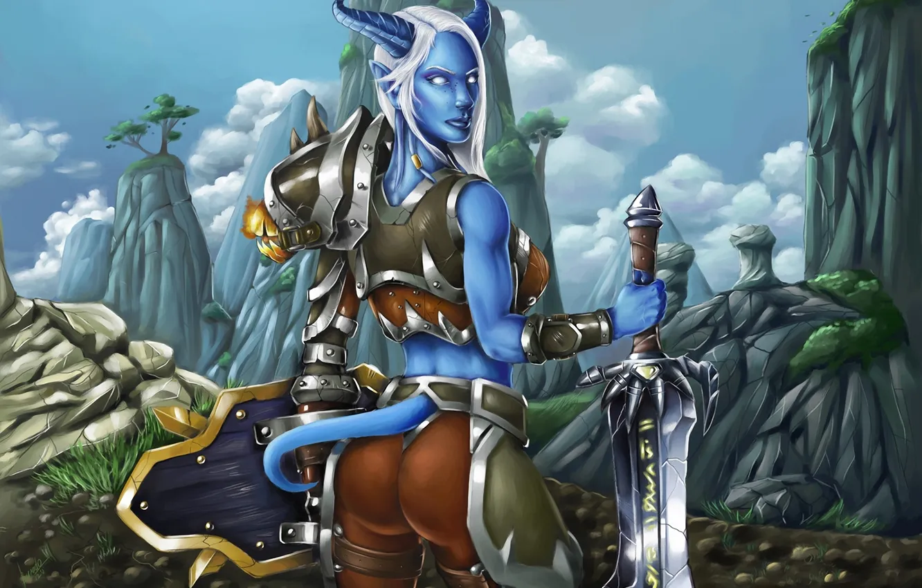 Фото обои взгляд, девушка, горы, меч, доспехи, World of Warcraft, Wow, Draenei