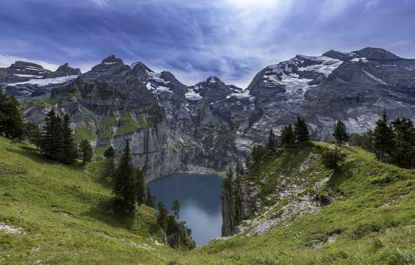 Фото обои горы, озеро, Швейцария, Switzerland, Бернский Оберланд, озеро Эшинензе, Oeschinen Lake, Бернское высокогорье