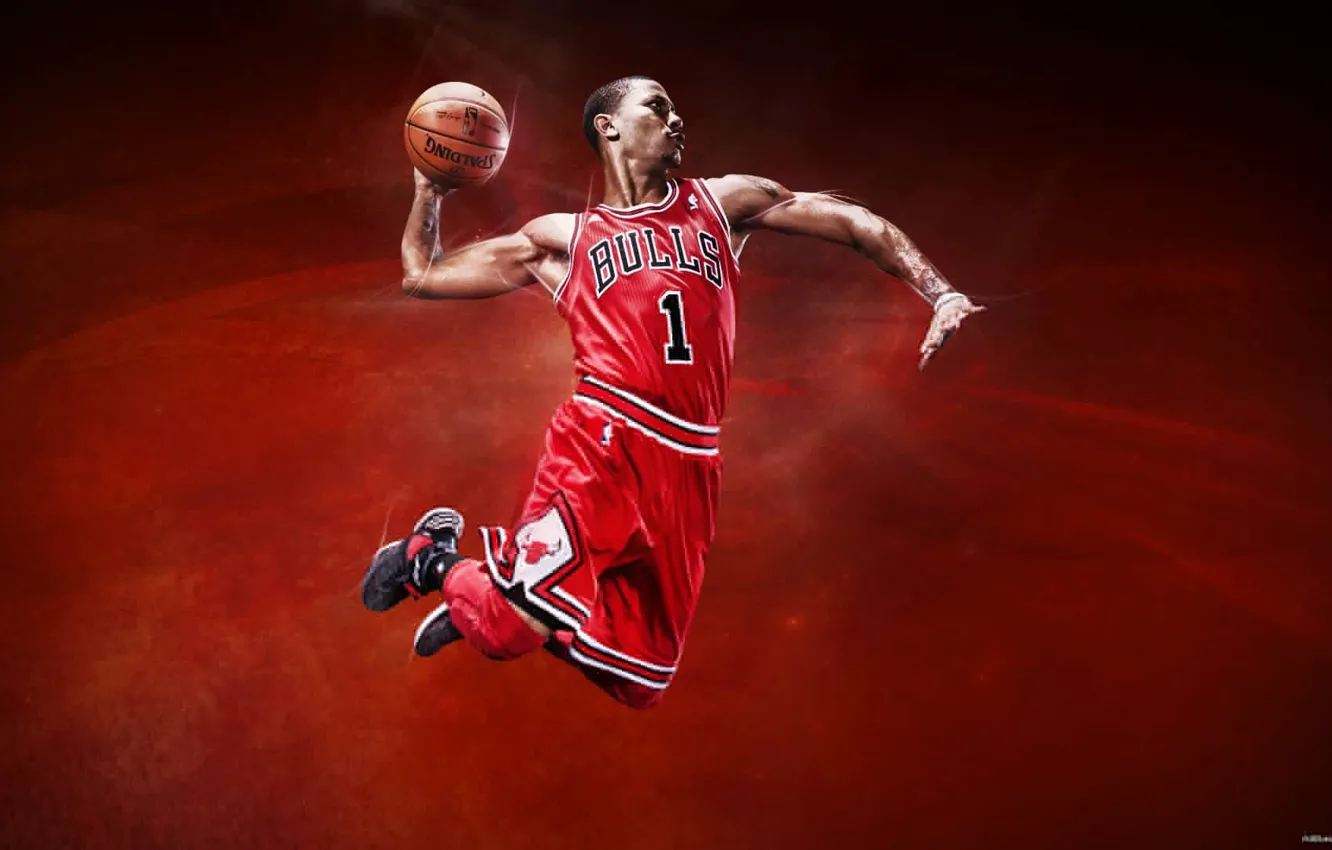 Фото обои баскетбол, flying, NBA, Chicago Bulls, one, Derrick Rose, agression, slamdunk