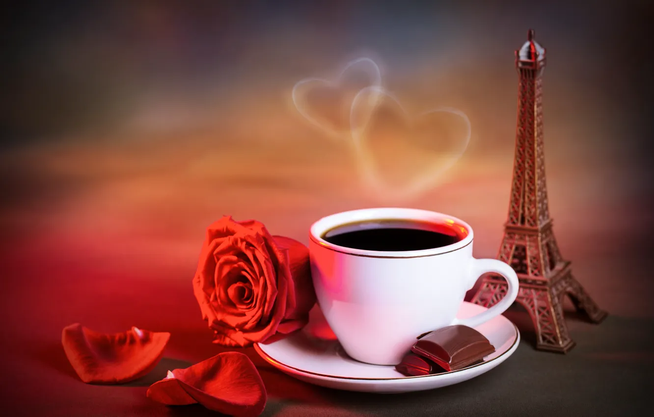 Фото обои сердце, роза, кофе, шоколад, лепестки, пар, чашка, статуэтка