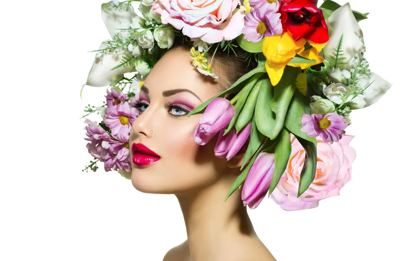 Фото обои взгляд, девушка, цветы, модель, волосы, весна, макияж, губы