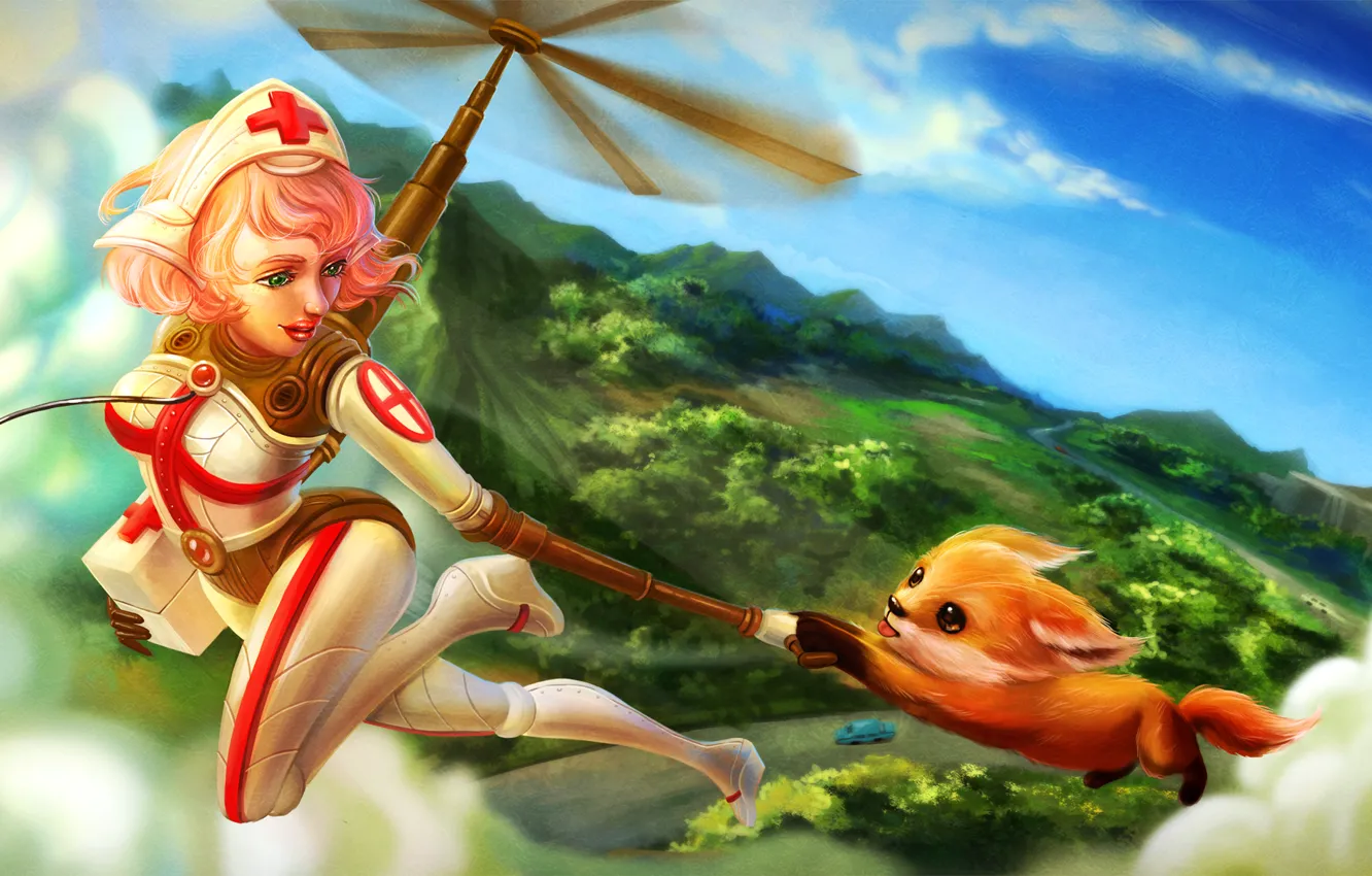 Фото обои девушка, полет, лисичка