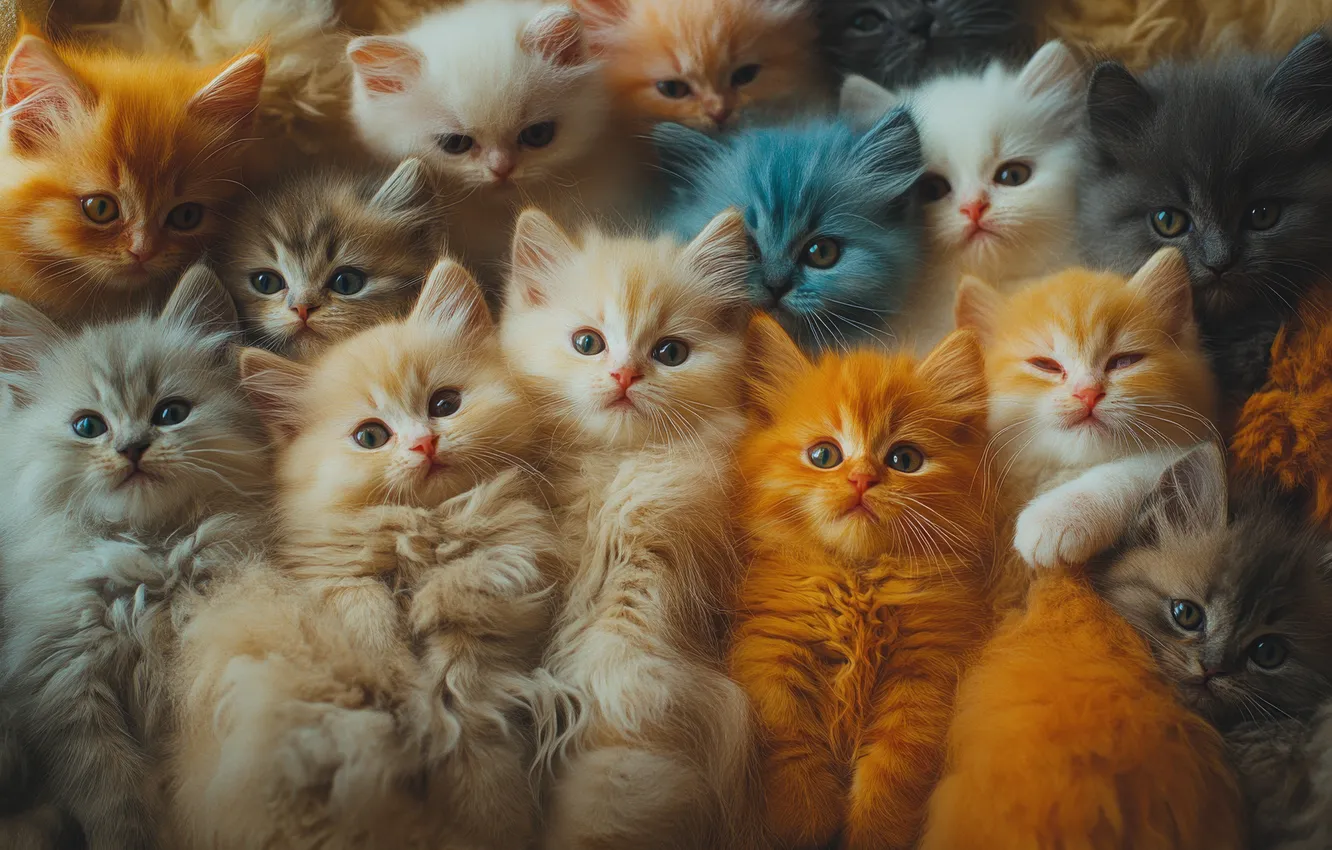 Фото обои взгляд, кошки, котенок, голубой, котята, пушистые, белые, рыжие